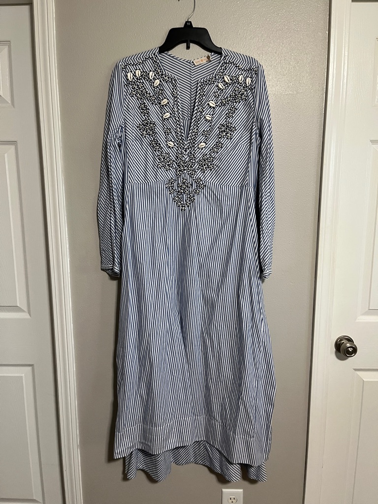 Tory Burch Blue And White Striped Seashell Embellished Maxi Dress